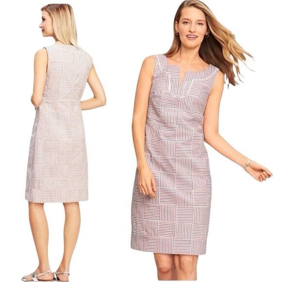 Talbots Seersucker Patchwork Shift Dress Size 8 Red Blue Coastal Boat Split Neck - Picture 1 of 10